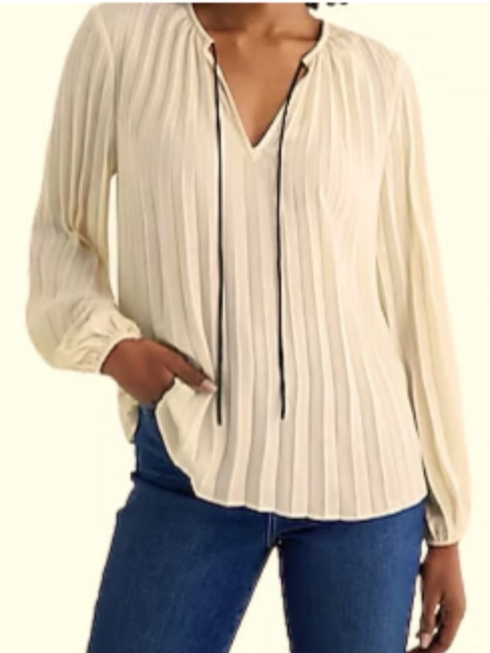 EXPRESS XS Ivory Black Tie French Paris Preppy Long Sleeve Pleated Sheer Blouse